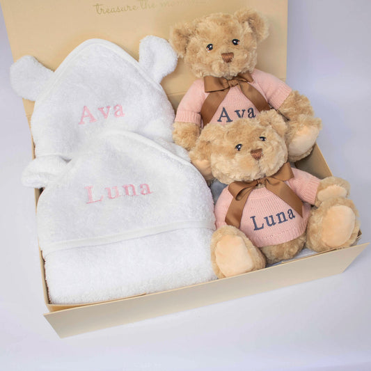 Twins Pink Teddy & Towel Personalised Baby Gift Set by The Baby Gifting Co.