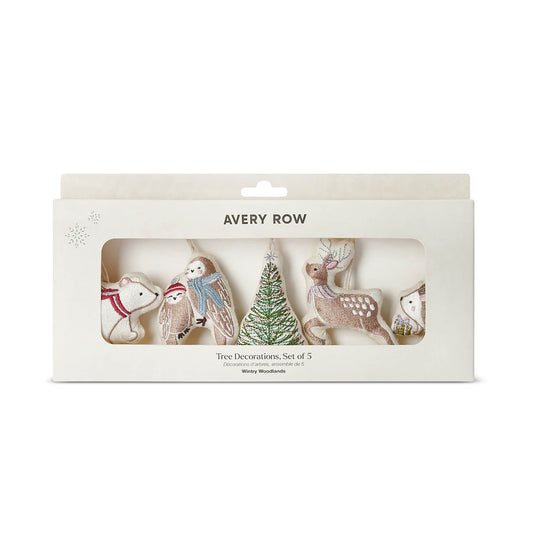 Avery Row Embroidered Tree Decorations, Set of 5 - Wintry Woodlands