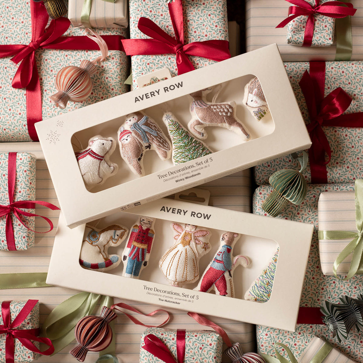 Avery Row Embroidered Tree Decorations, Set of 5 - Wintry Woodlands