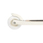 Close-up of a white door roller with a white handle on a white background