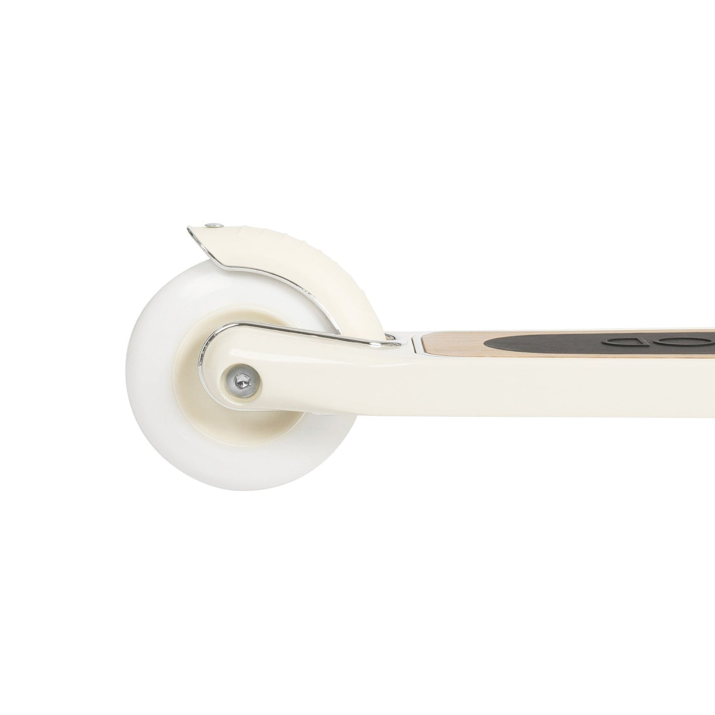 Close-up of a white door roller with a white handle on a white background