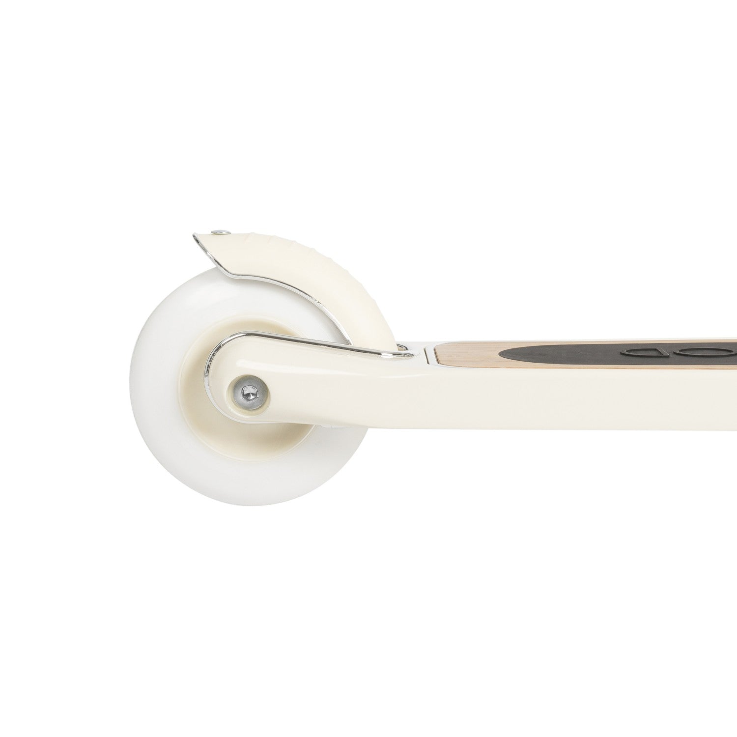 Close-up of a white door roller with a white handle on a white background