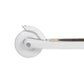 Close-up of a white pizza cutter with a metallic blade on a white background