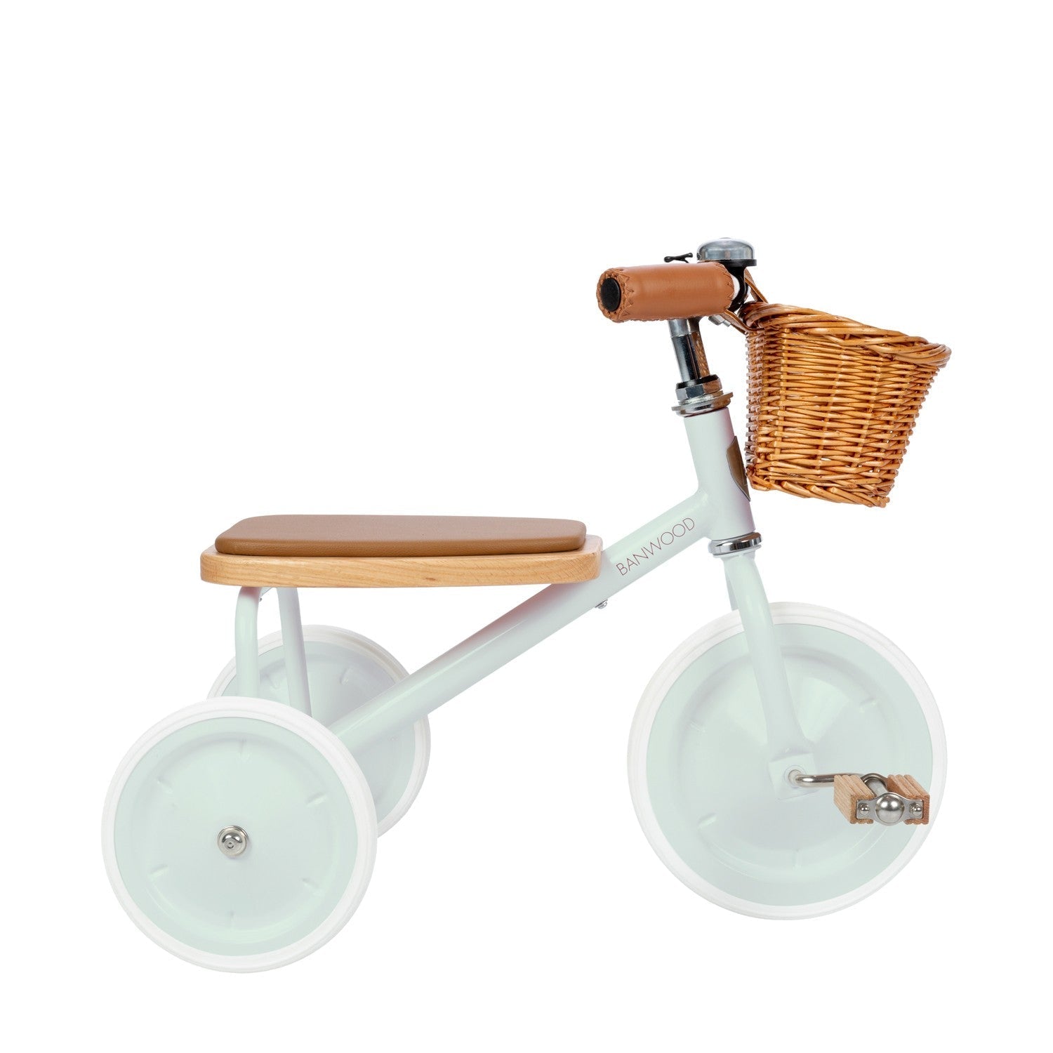 Children's tricycle with a wooden seat and basket on a white background