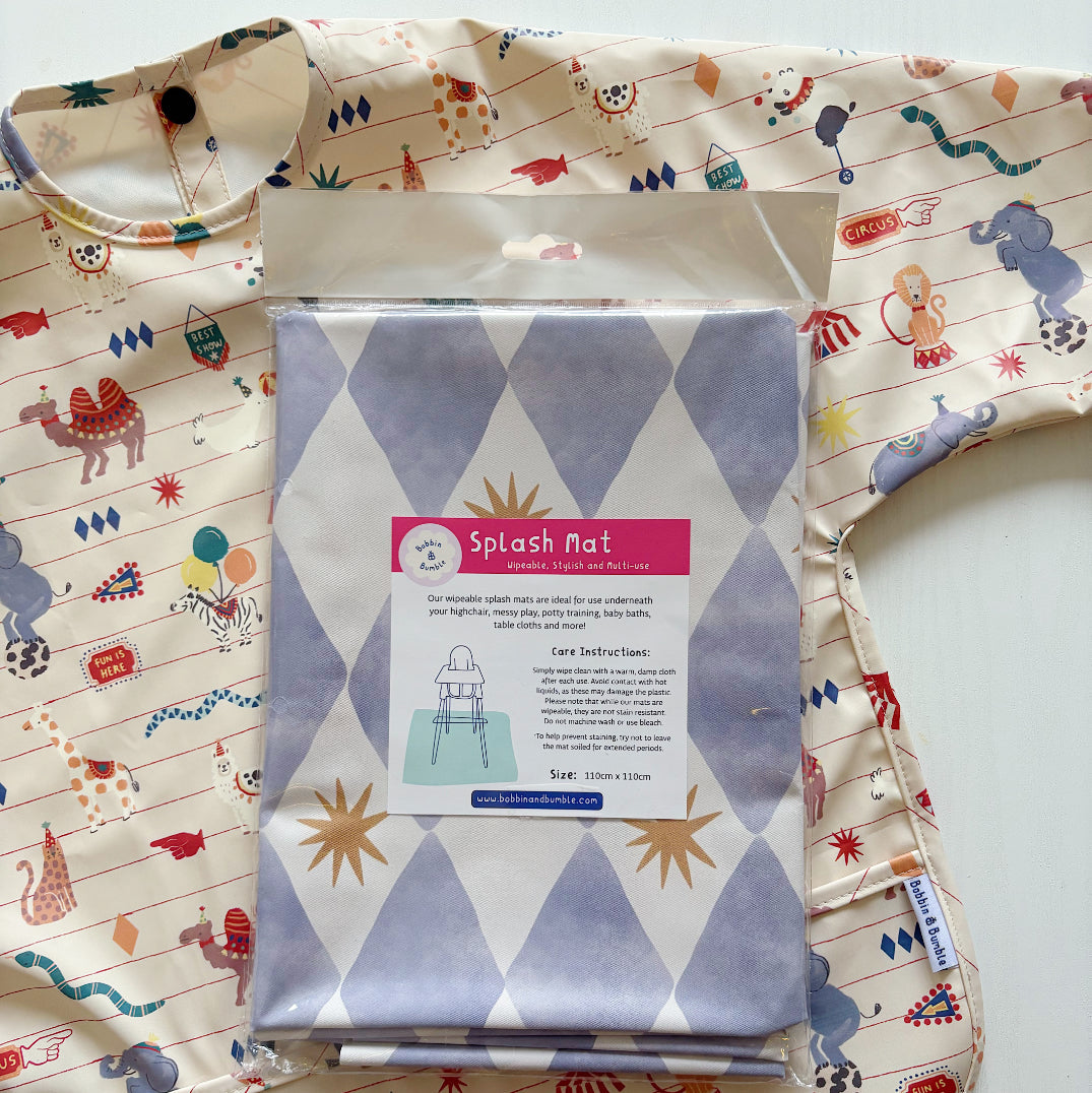 Bobbin & Bumble Highchair Splash Mat - Blue Harlequin