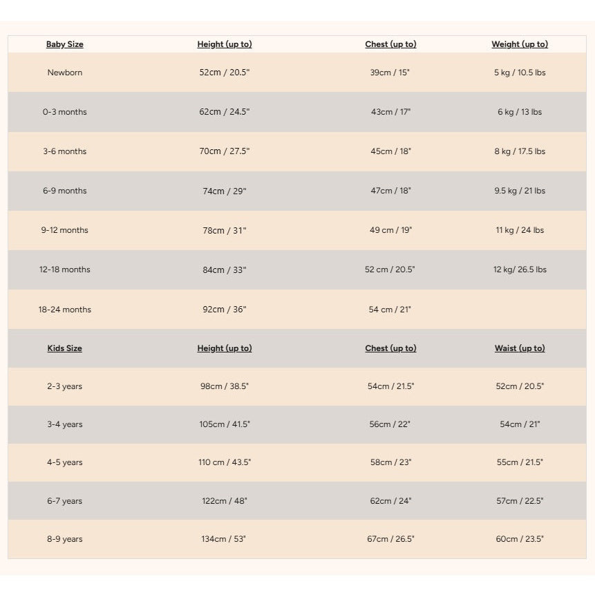 The Bonniemob size chart