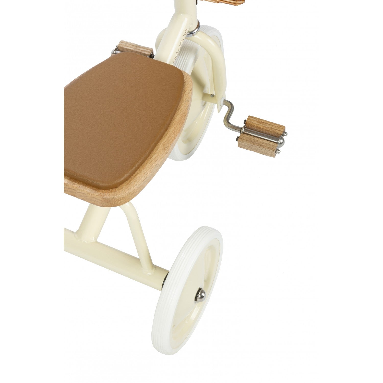 Children's tricycle with a brown seat on a white background