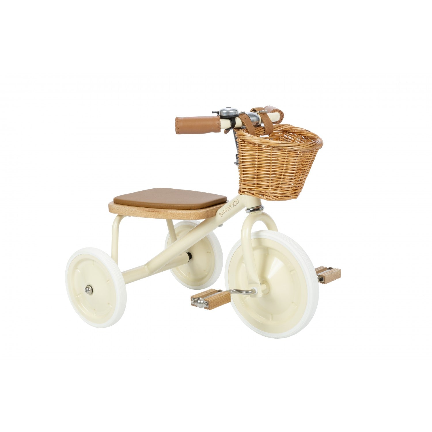 Children's tricycle with wooden seat and wicker basket on a white background