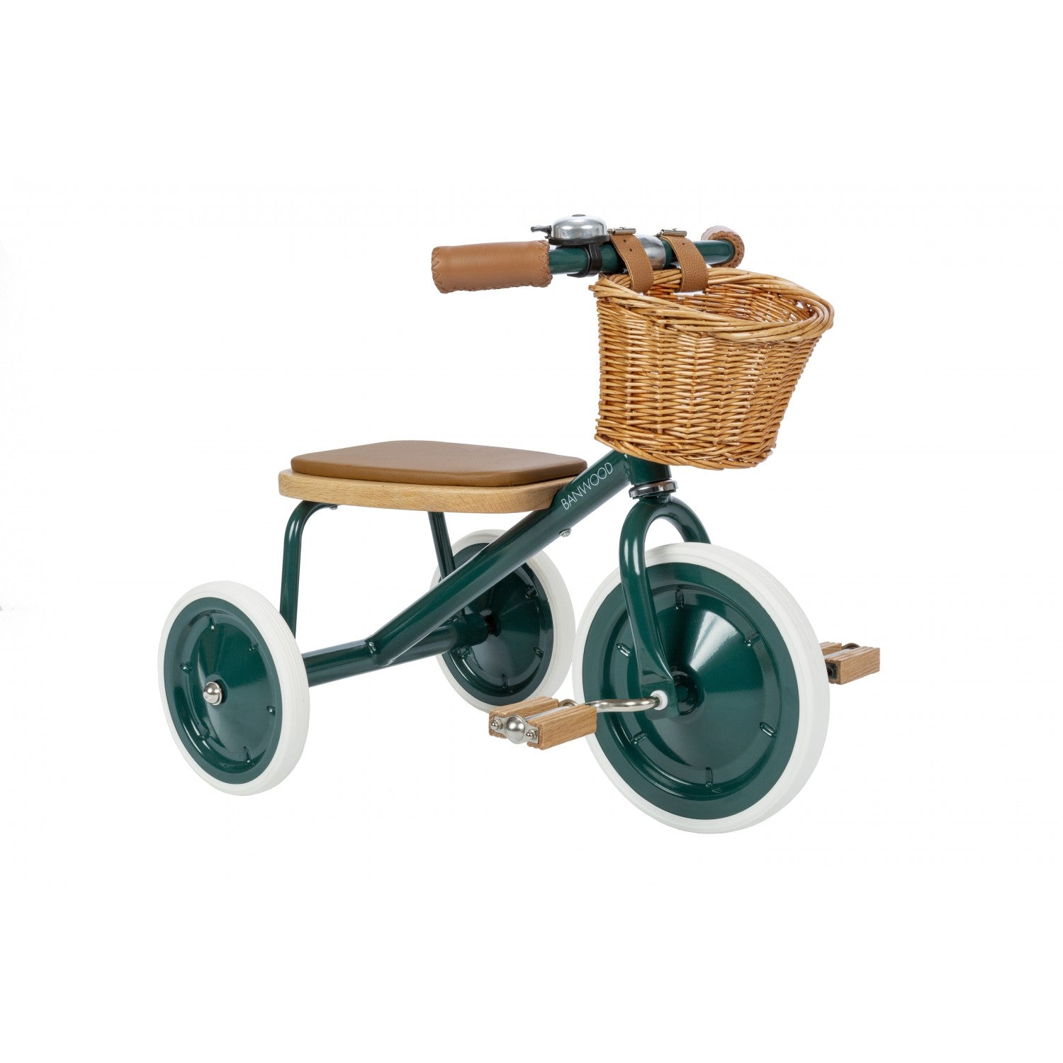 Green tricycle with a brown seat and basket on a white background