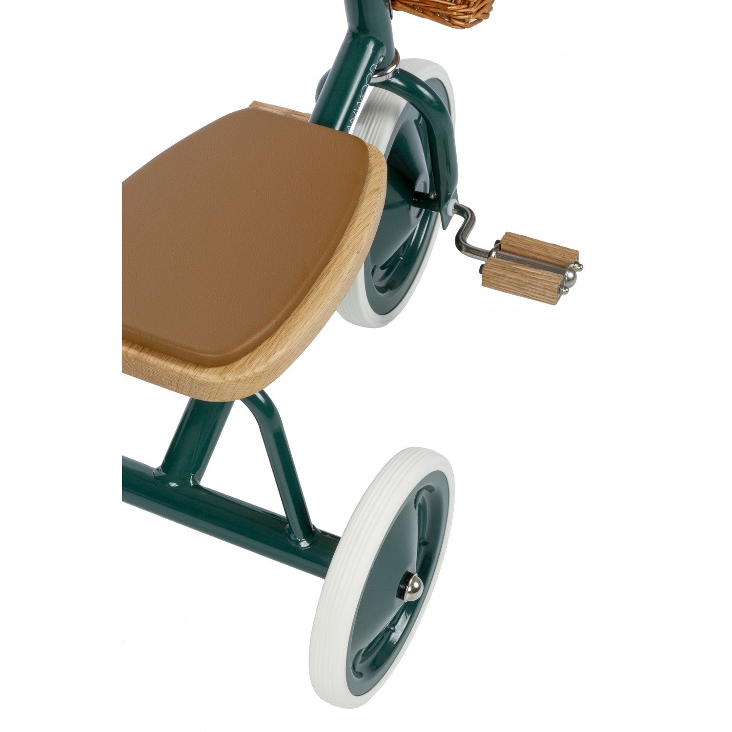 Children's tricycle with a brown seat and green frame on a white background