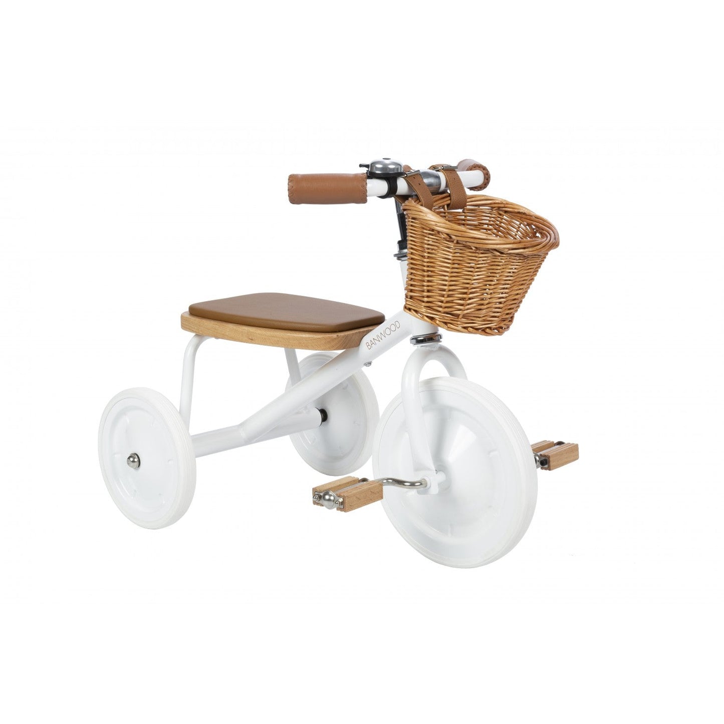 White tricycle with wooden seat and basket on a white background
