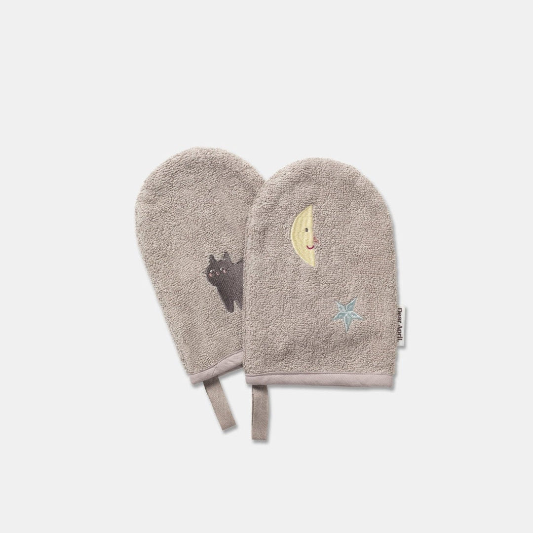 Dear April 2-Pack Paw Bath Gloves - Embroidered Terry - Moon Cat