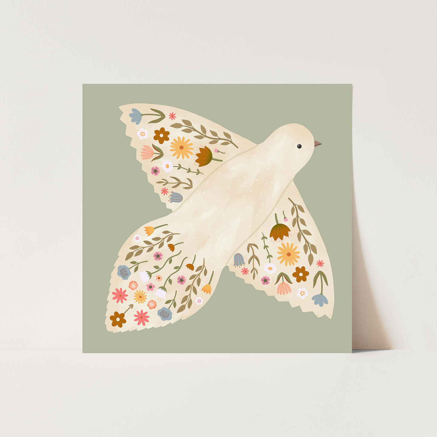 Kid of the Village Floral Dove Art Print - Sage