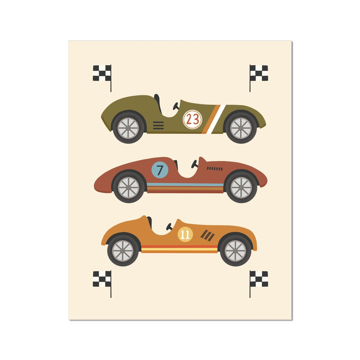Kid of the Village Race Cars Art Print - Green/Brown/Orange