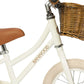 White bicycle with a wicker basket and brown seat on a white background, featuring the brand 'Banwood'.