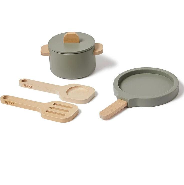 Flexa Wooden Toy Pot & Pan Set - Dusty Green