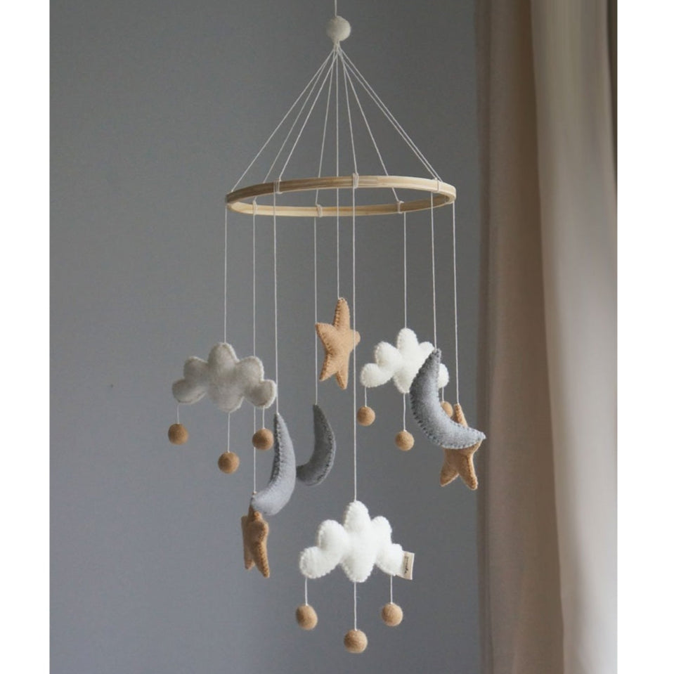 Gamcha Felt Baby Mobile - Clouds, Moon & Stars - Beige/Grey