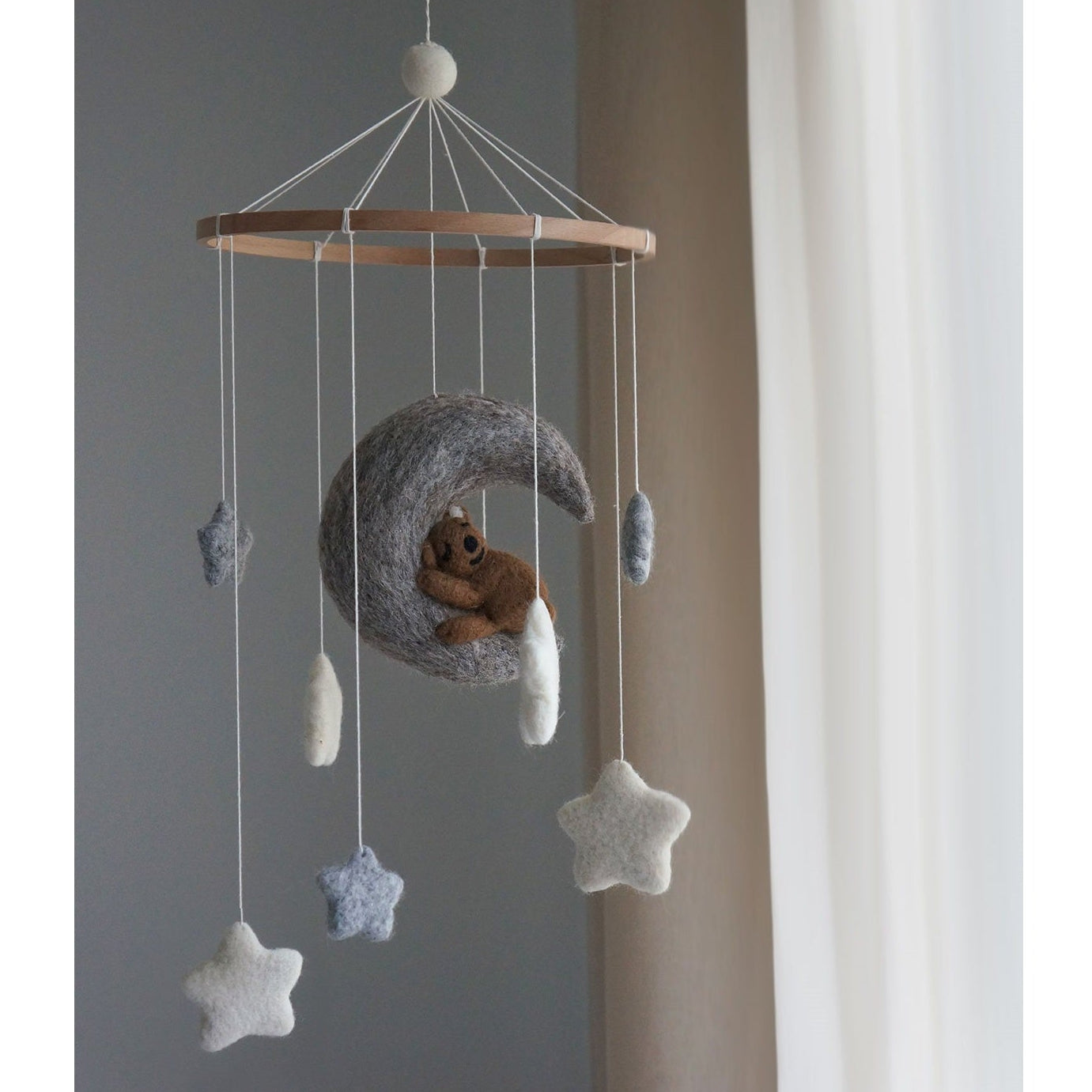 Gamcha Felt Baby Mobile - Bear, Moon & Stars - Grey