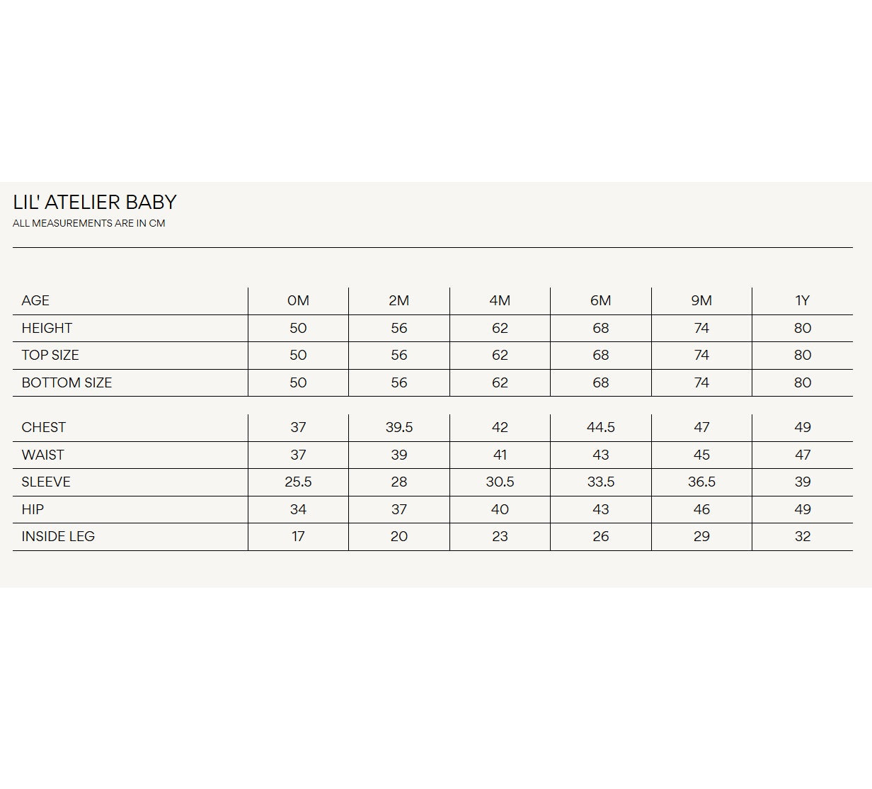 Lil' Atelier baby size chart
