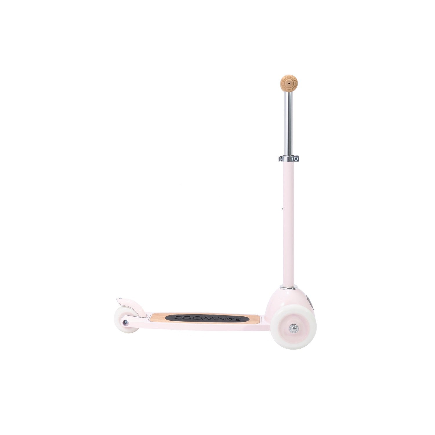 Pink scooter with wooden accents on a white background