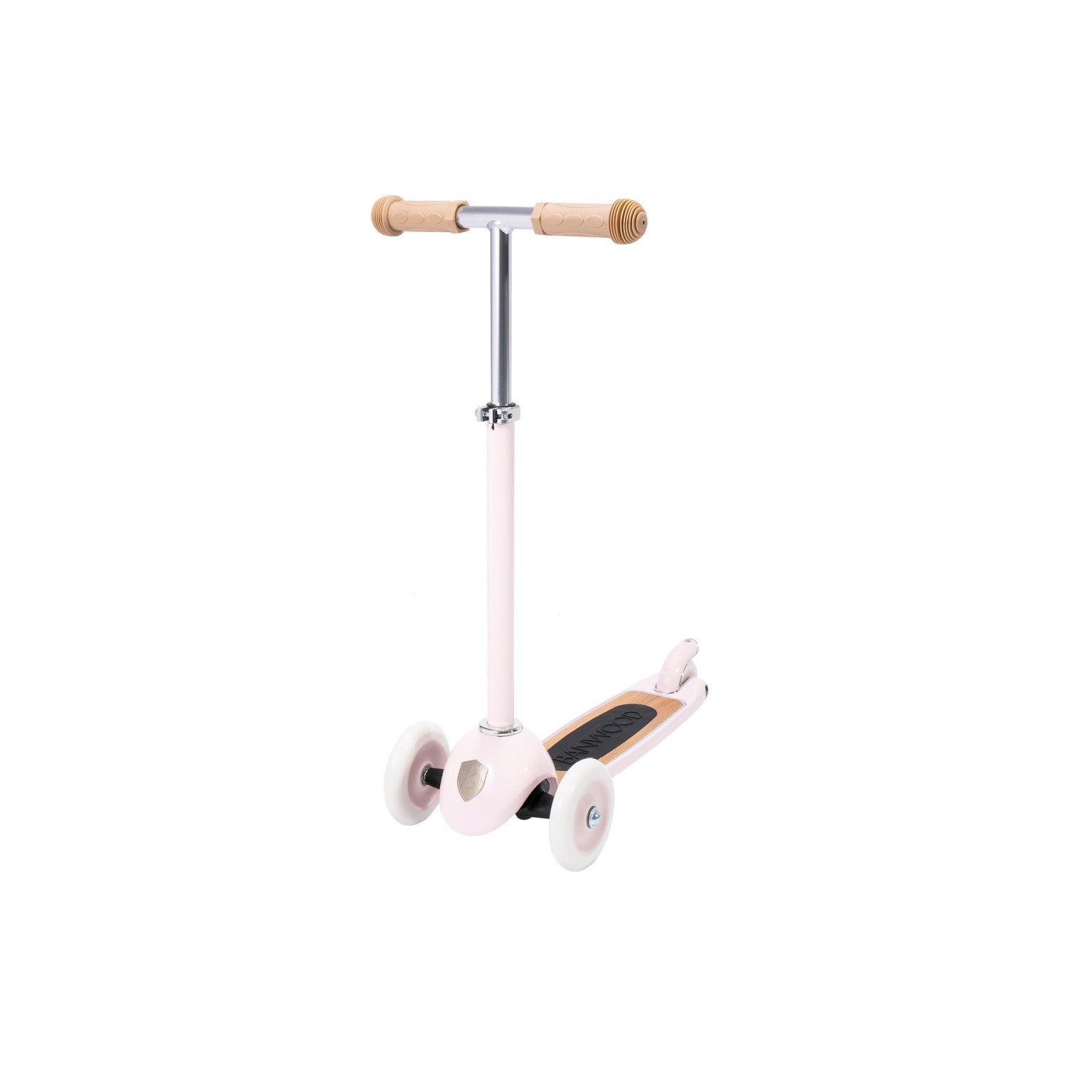 Children's scooter with pink body and wooden handlebar on a white background
