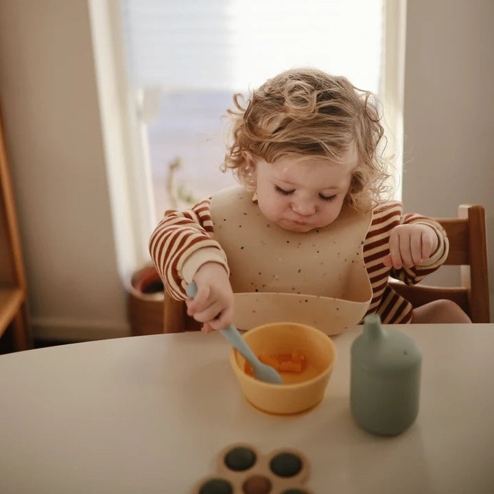 Mushie Silicone Baby Feeding Spoons - Cambridge Blue/Shifting Sand