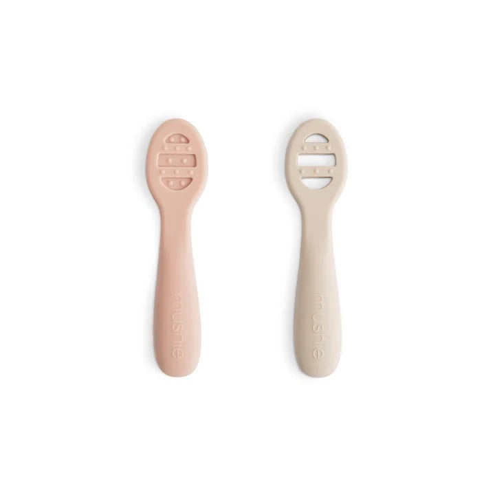 Mushie Silicone First Baby Feeding Spoons - Blush/Shifting Sand