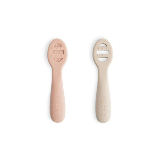 Mushie Silicone First Baby Feeding Spoons - Blush/Shifting Sand