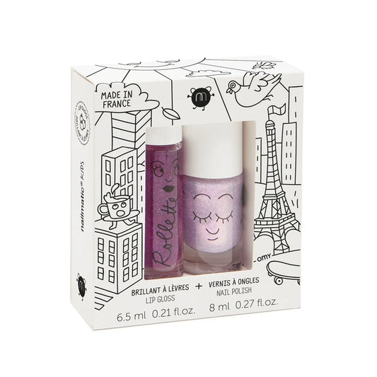 Nailmatic Natural Lip Gloss & Varnish Duo - Lovely City (Blackcurrant/Glitter Pink)
