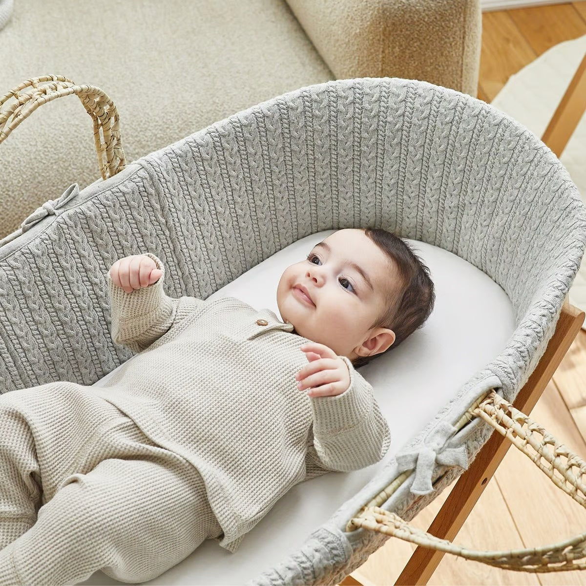 The Little Green Sheep Moses Basket & Rocking Stand Bundle - Dove Grey
