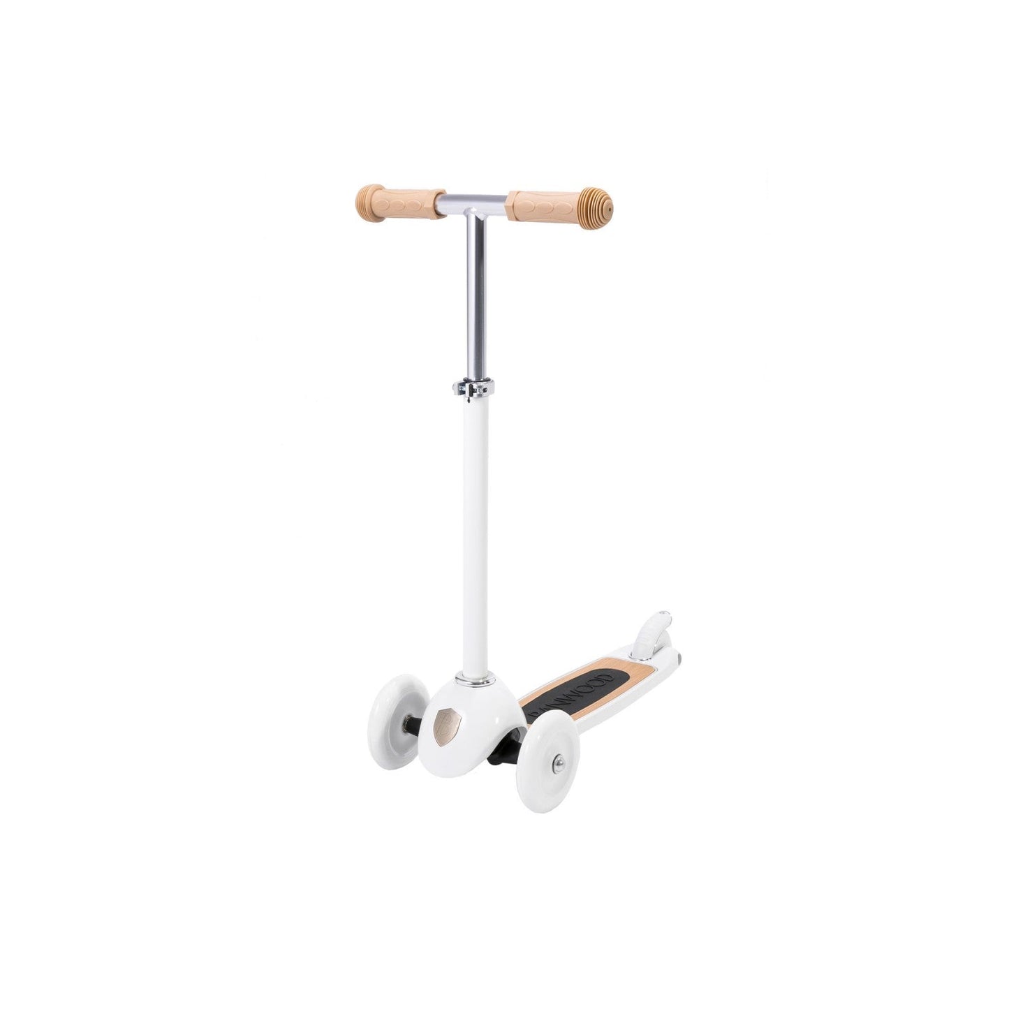 Children's scooter with wooden handlebar and wheels on a white background