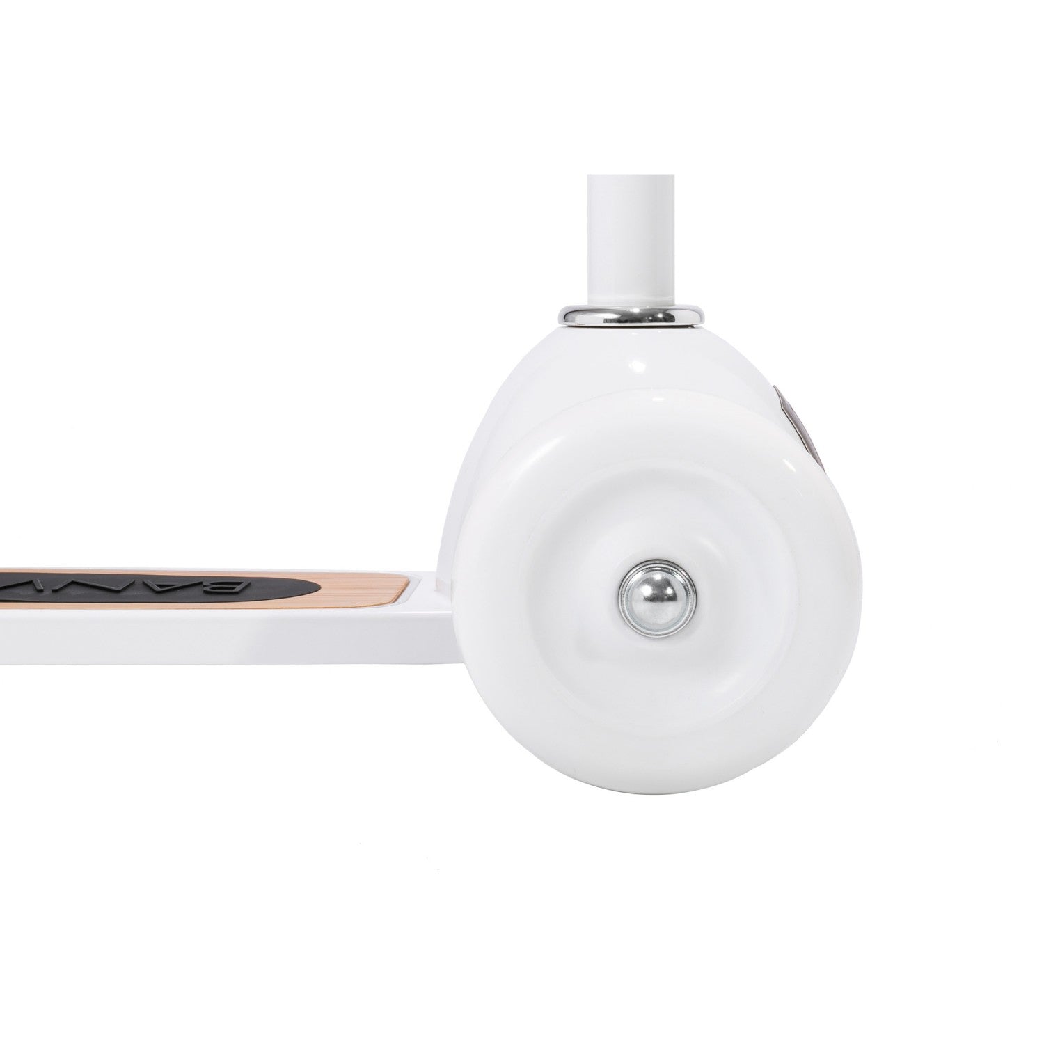 Close-up of a white scooter wheel with a visible brand logo on a white background
