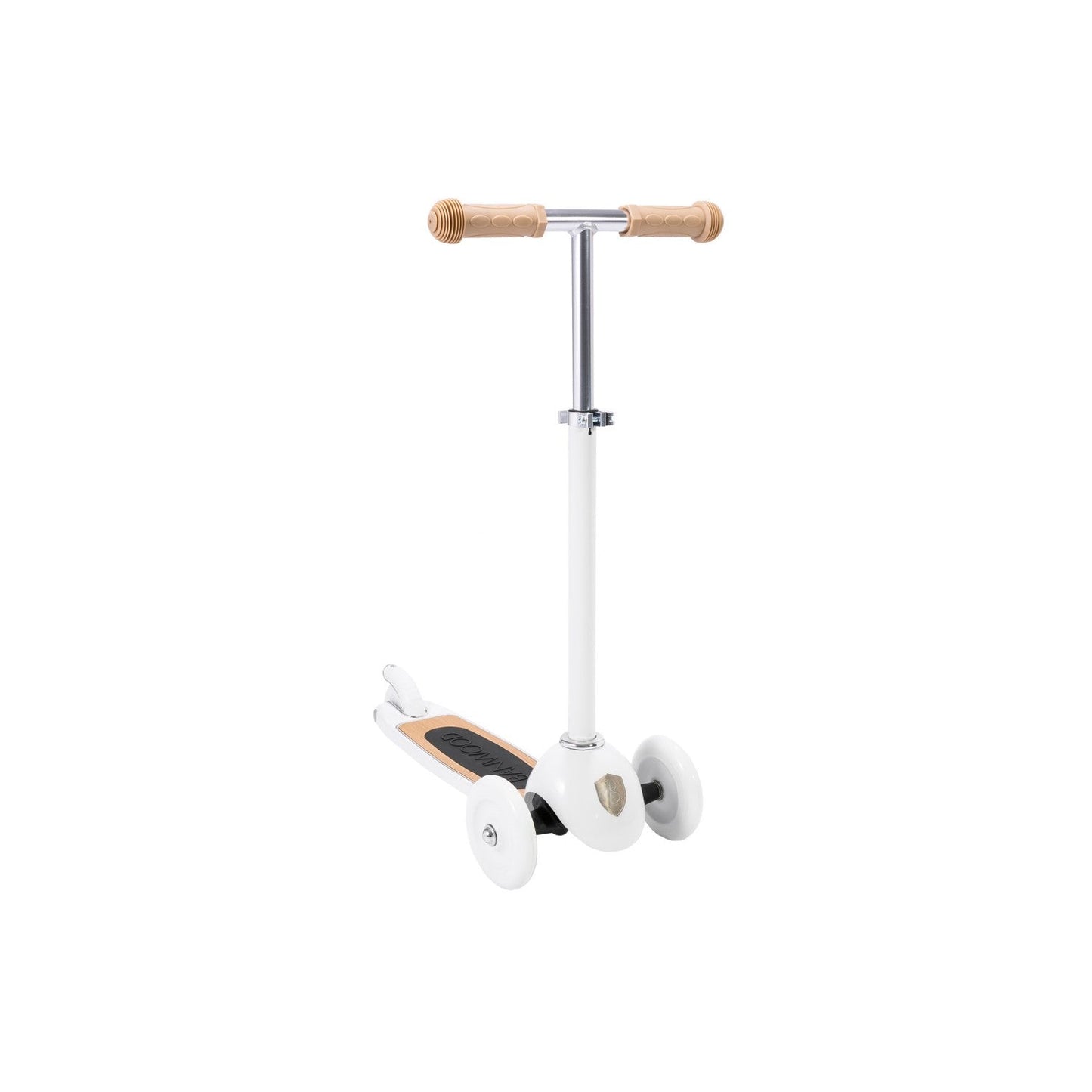 Children's scooter with wooden handlebar on a white background