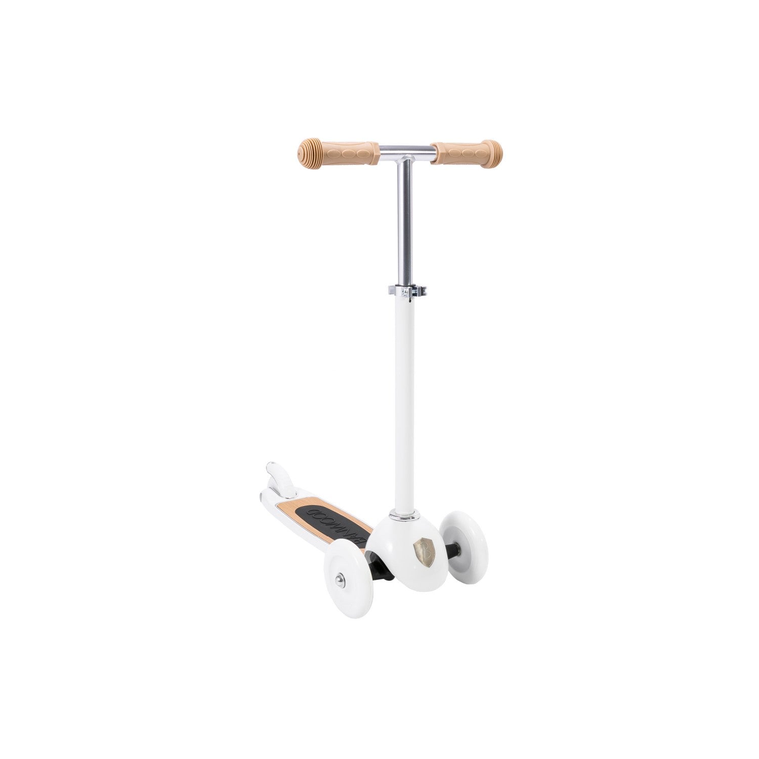 Children's scooter with wooden handlebar on a white background