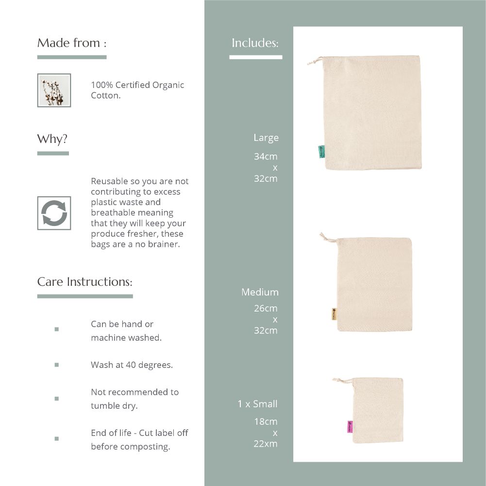 Wild & Stone Reusable Organic Cotton Produce Bags - Pack of 3