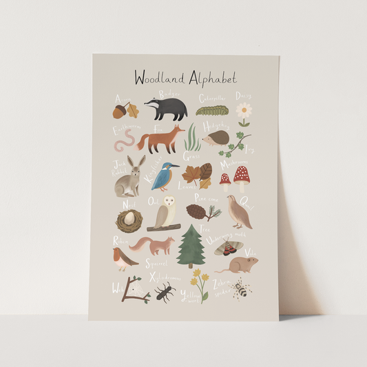 Woodland Alphabet Art Print In Stone by Kid of the Village (6 Sizes Available)