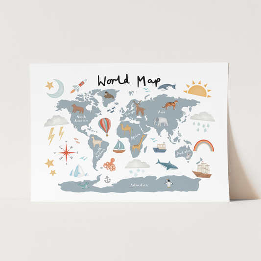 World Map Art Print In Blue by Kid of the Village (6 Sizes Available)