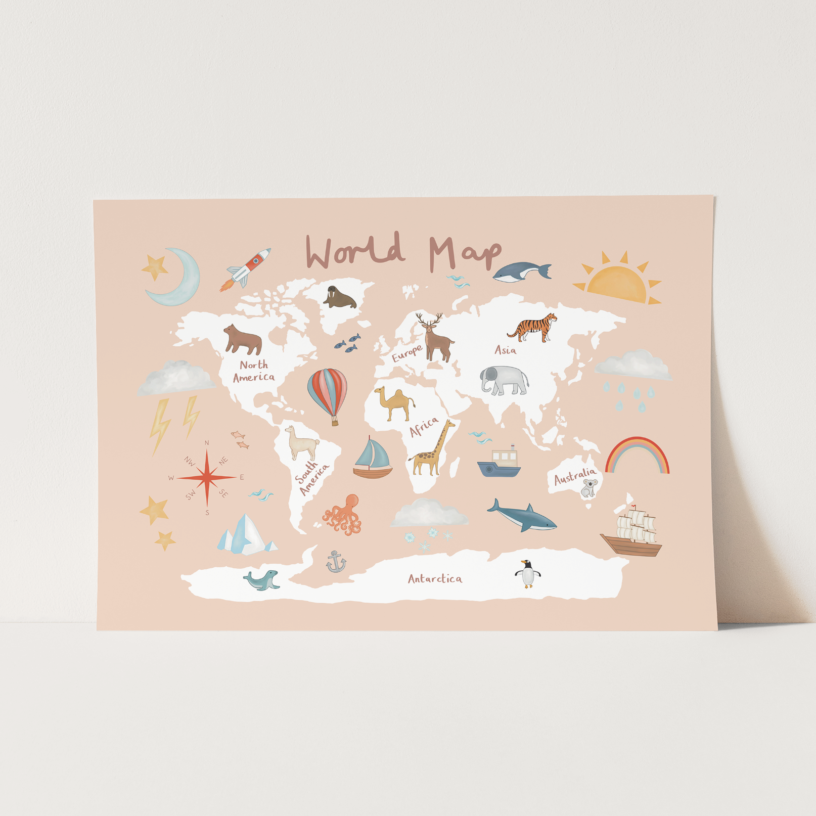 World Map Art Print In Pink by Kid of the Village (6 Sizes Available)