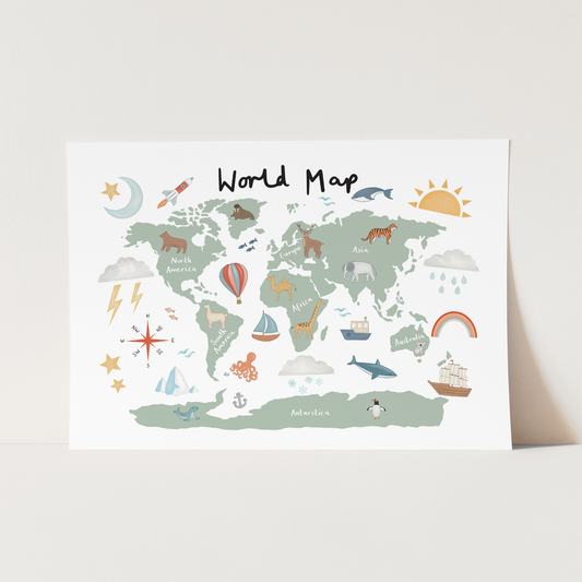 World Map Art Print In White by Kid of the Village (6 Sizes Available)