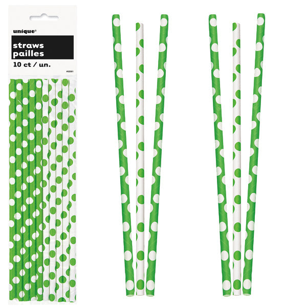 Paper Straws 10 Pack - Lime Green Polka Dots