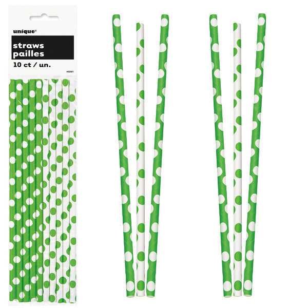 Paper Straws 10 Pack Lime Green Polka Dots