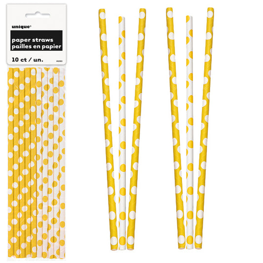 Paper Straws 10 Pack - Sunflower Yellow Polka Dots