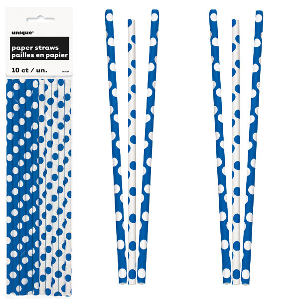 Paper Straws 10 Pack - Royal Blue Polka Dots