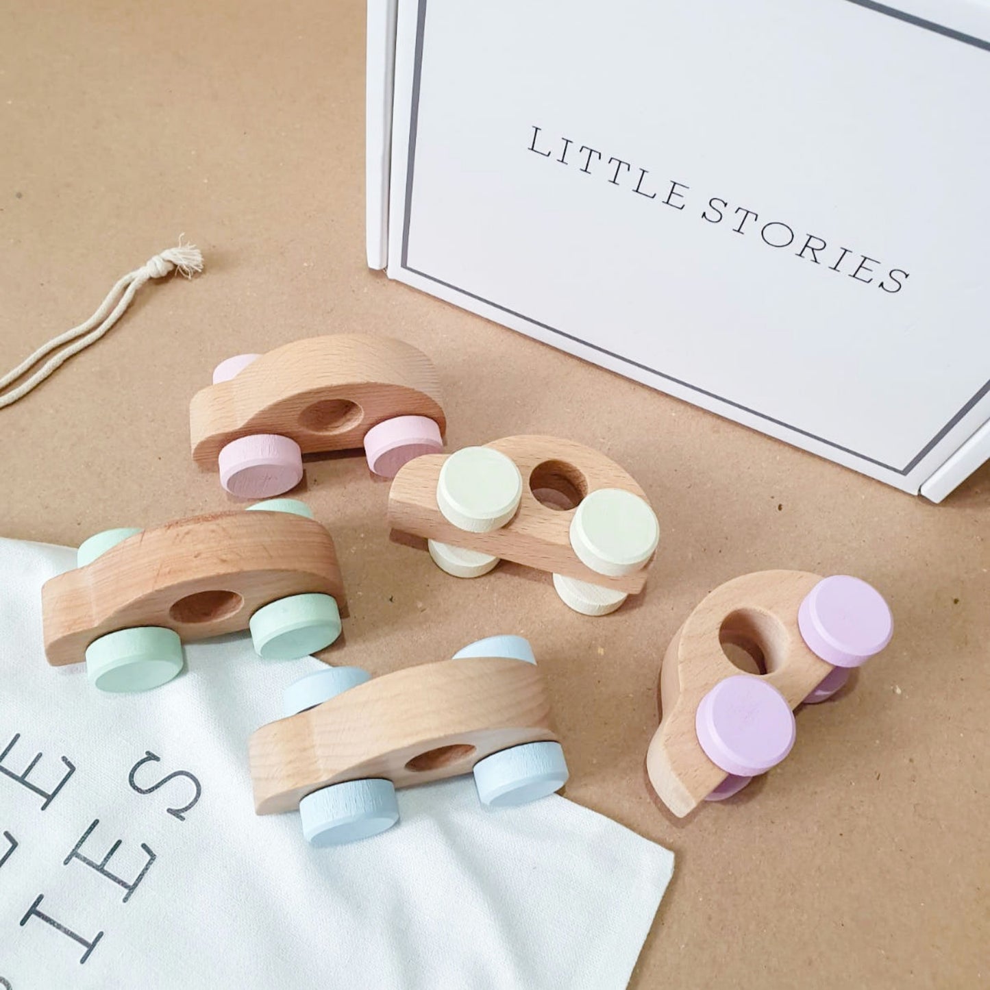 Little Stories Set of 5 Wooden Toy Cars - Perfect Pastel Wheels