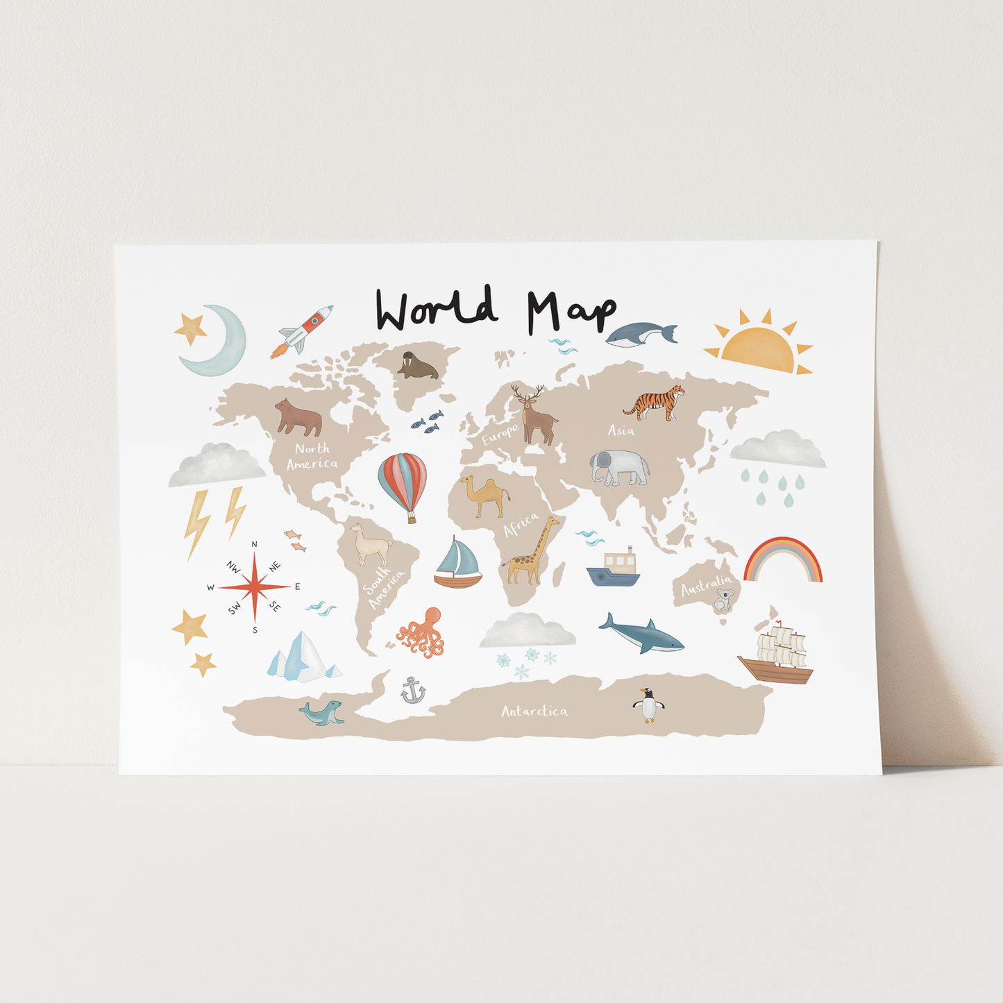 World Map Art Print In Beige by Kid of the Village (6 Sizes Available)