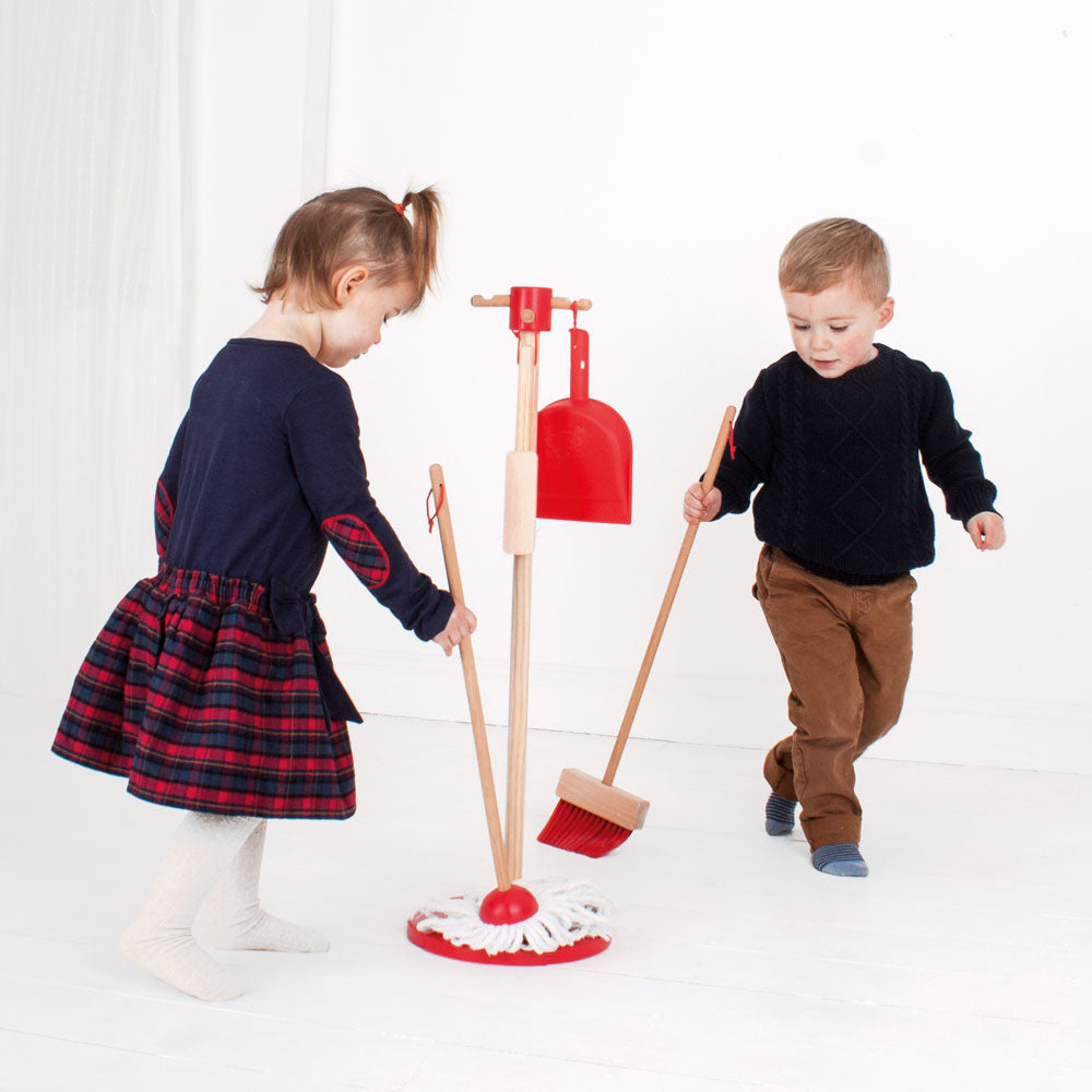 Bigjigs Wooden Toy Cleaning Stand Set - Red