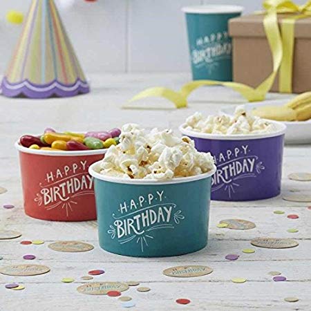 Paper Ice Cream Tubs 8 Pack - 'Happy Birthday' Kraft By Ginger Ray