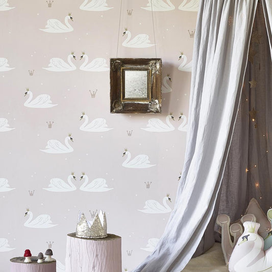 Hibou Home Wallpaper - Pale Rose Swans