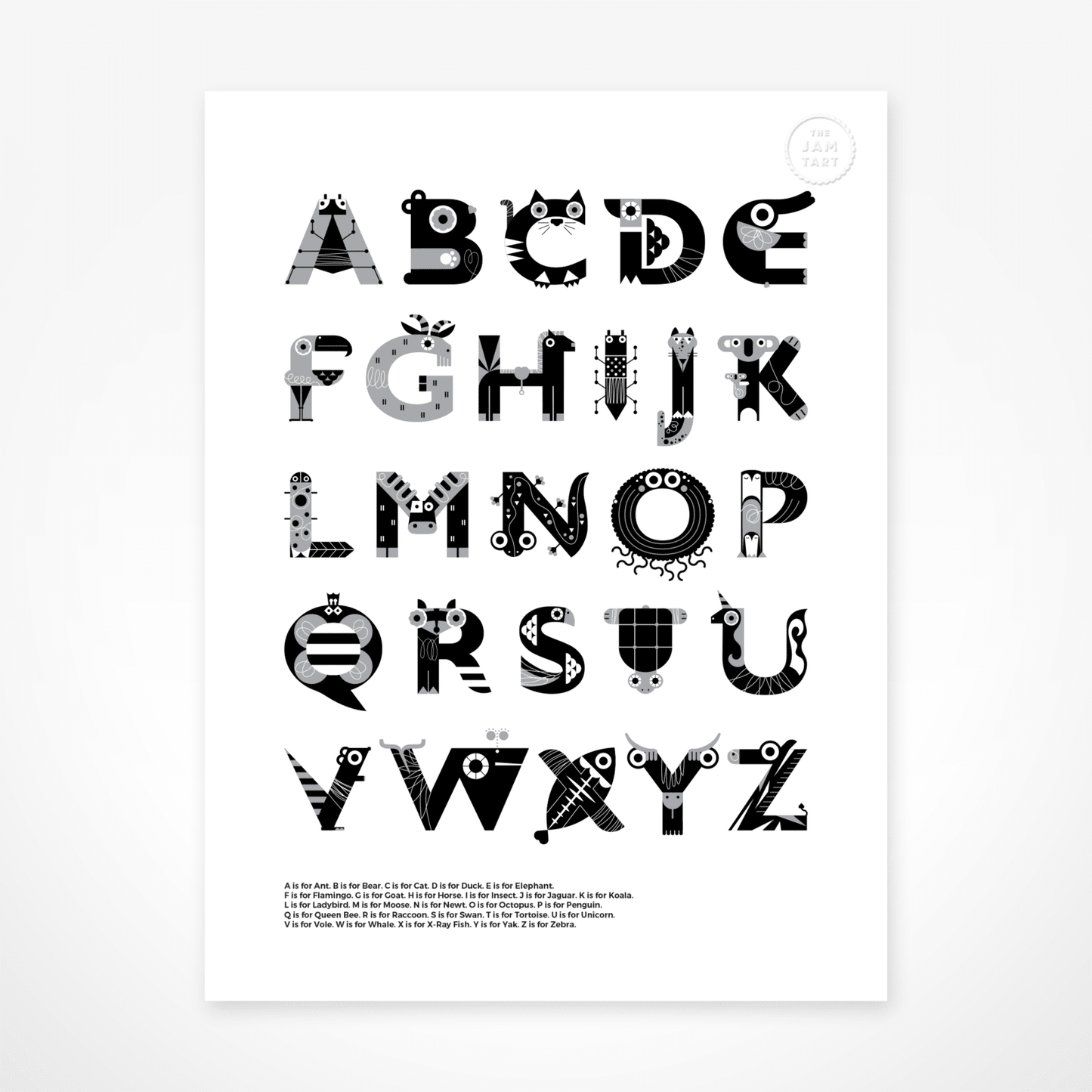 Animal Alphabet Print - Black & White By The Jam Tart