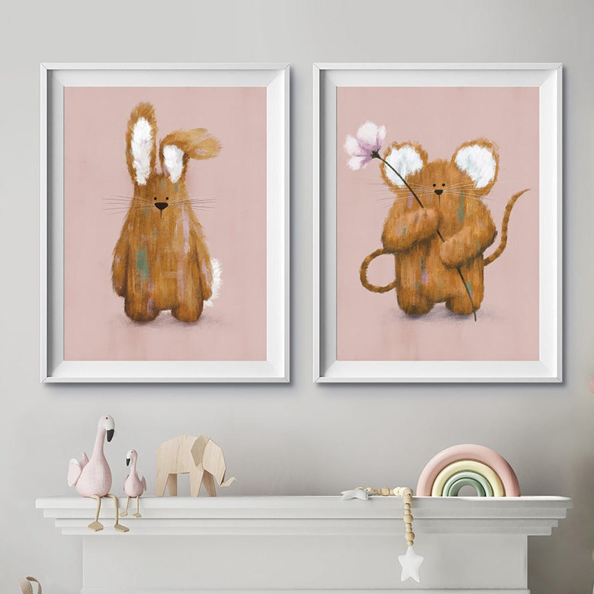Tigercub Prints Pink Bunny & Mouse Woodland Nursery Prints Set of 2